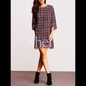 SHEIN Multicolor Tweed Style Fringe 3/4 Sleeve Casual Short Mini Dress Juniors M